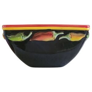 Vtg 2002 StoneLite Caliente Clay Art Jalapeños Black Square Bowl 6" Hand Painted